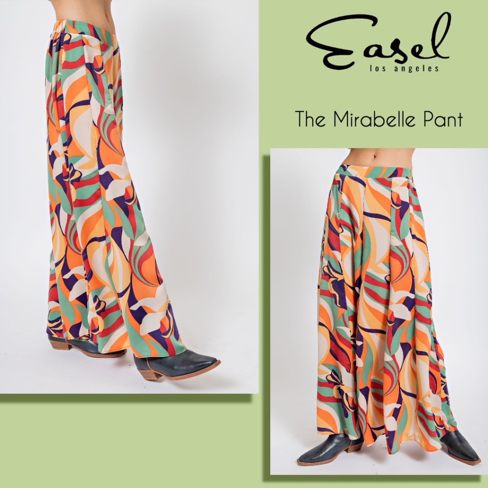 EASEL "Mirabelle" Dull Satin Geo Print Vibrant Color Wide Statement Leg, Pockets